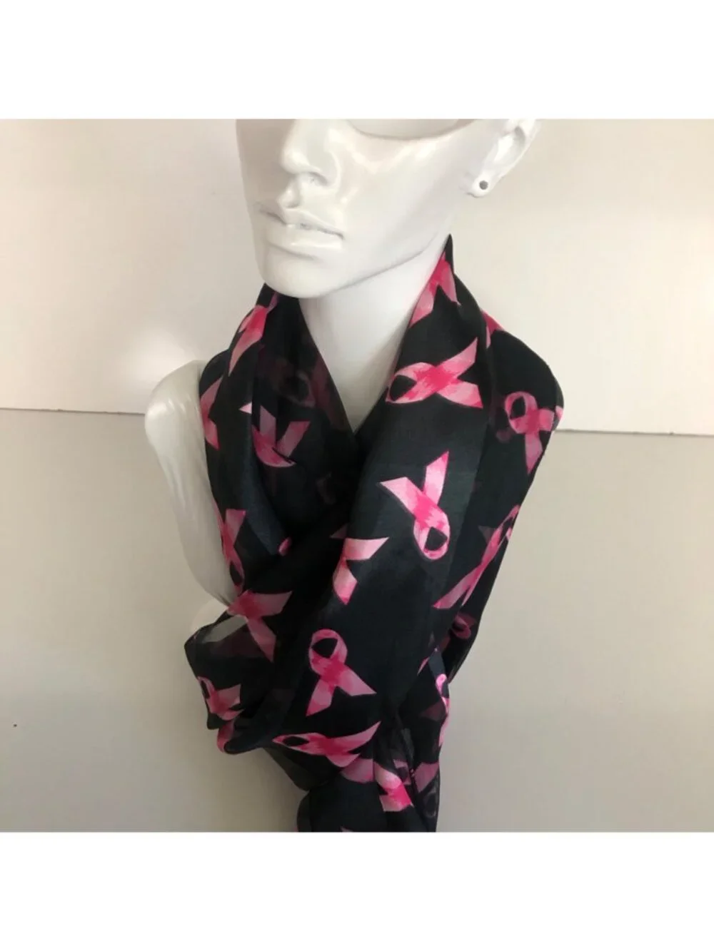 Breast Cancer Awareness Black Scarf Pink Ribbons Lightweight Sheer 14x59in